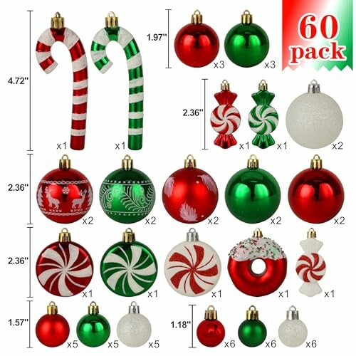 Assorted Christmas ornaments including candy canes, baubles, and peppermint designs in red, green, and white.