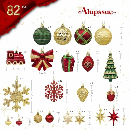 Assorted Christmas ornaments including balls, train, bow, gift, tree, snowflakes, pine cone, star, and bell.