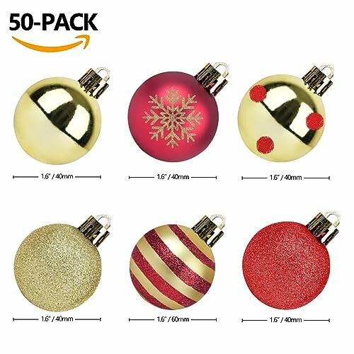 Set of six assorted Christmas ornaments with gold, red, and glitter designs.
