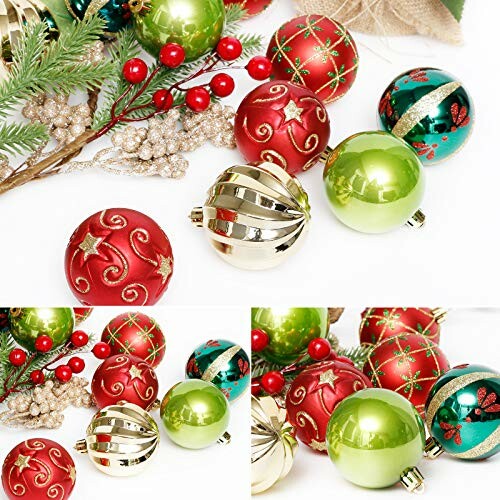 Assorted Christmas ornaments in red, green, and gold with pine and berry decorations.