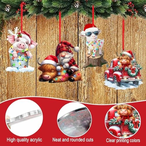 Christmas ornaments with cartoon characters hanging on a wooden background.