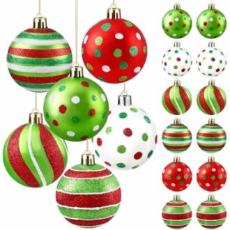 Assorted red and green Christmas ornaments with stripes and polka dots.