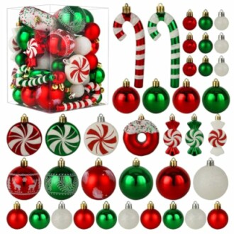 Assorted Christmas ornaments in red, green, and white, including baubles, candy canes, and peppermint designs.