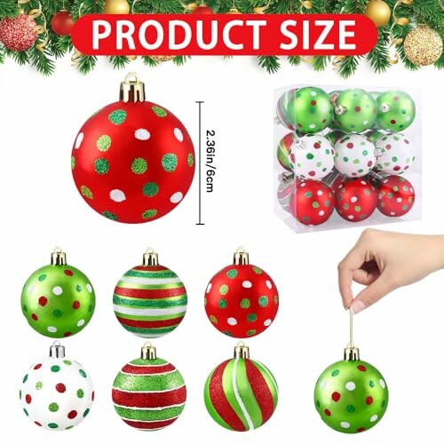 Christmas ornaments set with red and green polka dot designs.