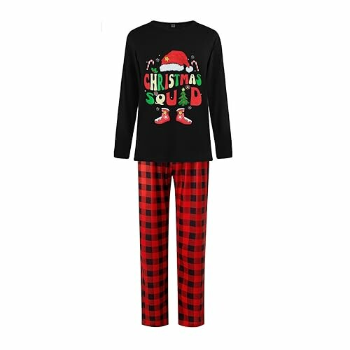 Black and red Christmas pajamas with festive design.