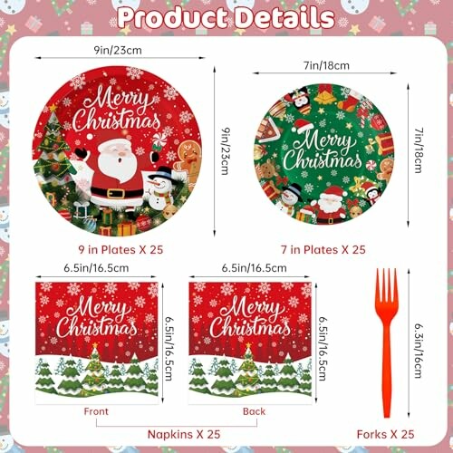 Christmas themed plates, napkins, and fork set with Santa and tree designs.