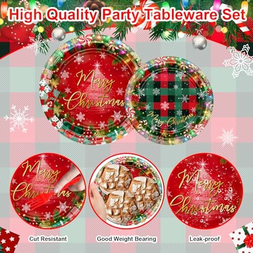 Christmas themed party tableware set with plates and features.