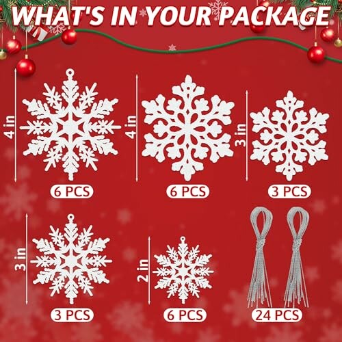 Christmas snowflake ornaments set with different sizes and quantities displayed.