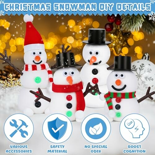 Christmas snowman DIY kit details with various accessories and safety features.