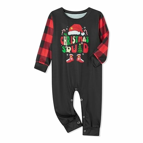 Baby onesie with Christmas Squad design and plaid sleeves