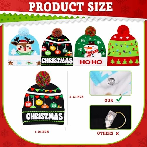 Five Christmas-themed beanie hats with size details.