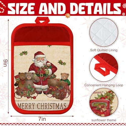 Christmas themed kitchen mitt with Santa design and details.