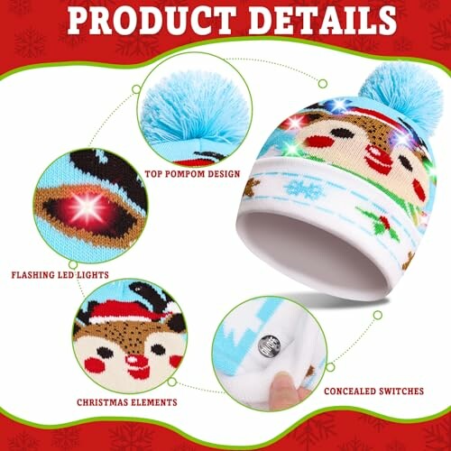 Christmas-themed hat with LED lights and pompom design.