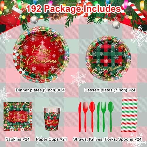 Christmas-themed party supplies with plates, napkins, cups, and utensils.