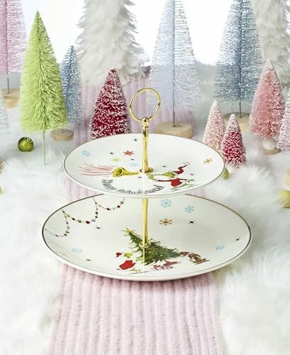 Two-tiered Christmas plate with festive designs surrounded by decorative trees.