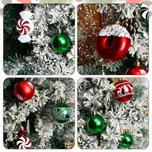 Christmas tree with ornaments including candy, donut, and baubles.