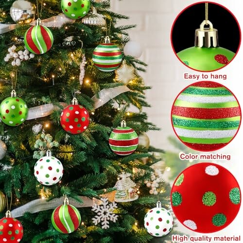 Christmas tree with colorful ornaments and close-up details.