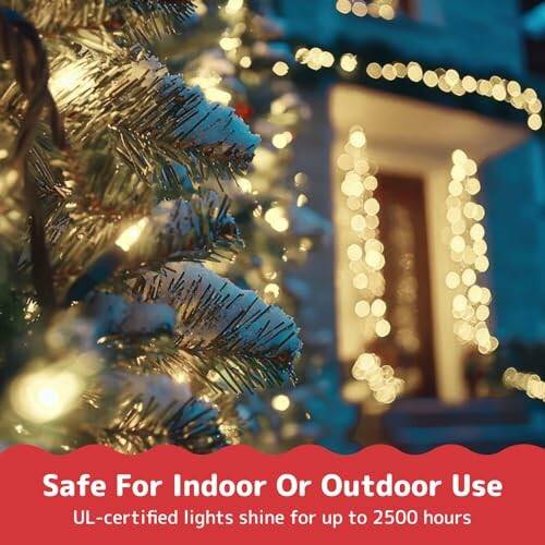 Christmas tree with lights, safe for indoor or outdoor use.