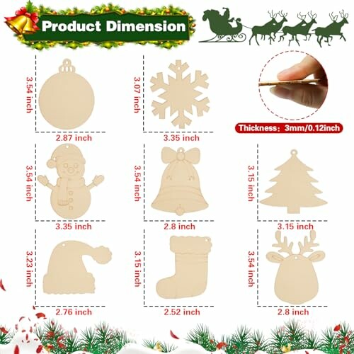 Wooden Christmas ornaments with dimensions and thickness.