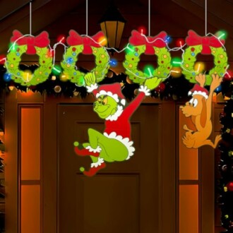 Christmas wreaths with cartoon characters hanging