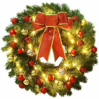 Christmas wreath with lights and red bow