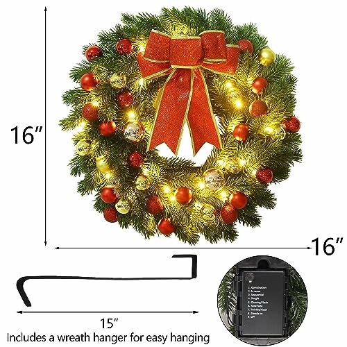 Christmas wreath with red bow and lights, dimensions and hanger included.