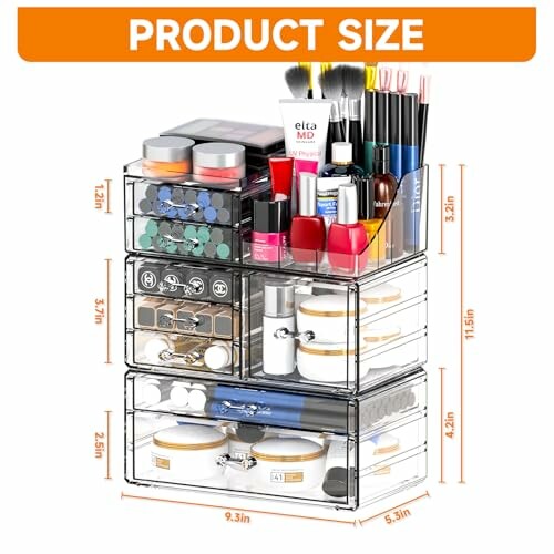 Clear acrylic cosmetic organizer with multiple drawers and compartments filled with makeup and skincare products.