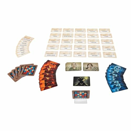 Codenames board game setup with cards and key card. The game is easy to learn, but challenging to master, making it a great game for both beginners and experienced players alike.