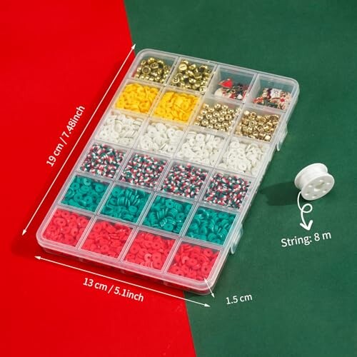 Box of assorted colorful beads with string spool.