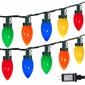 String of colorful Christmas lights with red, green, blue, and yellow bulbs.