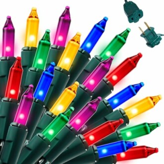 Colorful string of Christmas lights with plug.