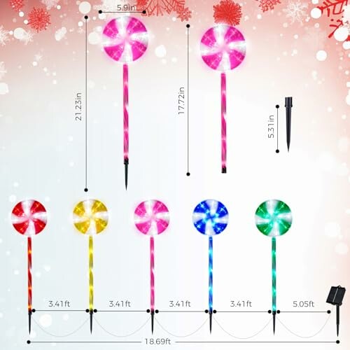 Colorful LED candy cane yard decorations with dimensions.