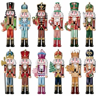 Twelve colorful nutcracker figurines in various costumes.