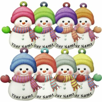 Colorful snowman ornaments with customizable names.