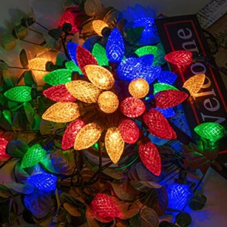 Colorful string lights with green, red, blue, and yellow bulbs.