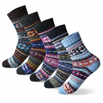 Colorful patterned winter socks in various designs