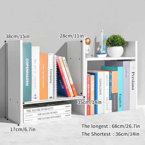 Compact white bookshelf with various books and decorative items.