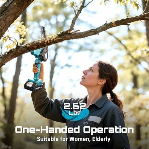 Person using a lightweight chainsaw to cut a tree branch.