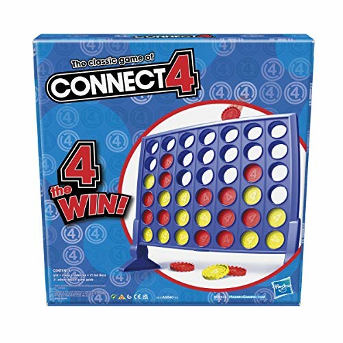 Connect 4 board game box with game grid and checkers.