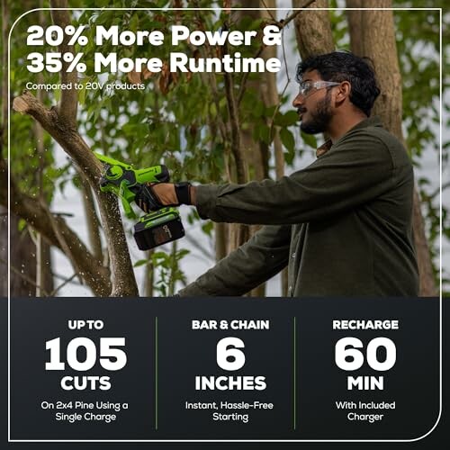 Man using a cordless chainsaw on a tree branch, highlighting performance features.