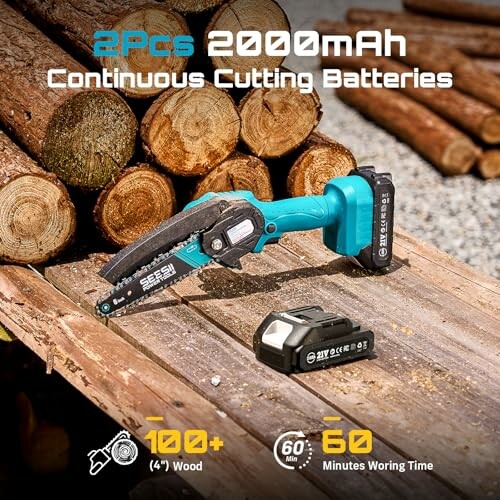 Cordless chainsaw with 2000mAh battery and logs.