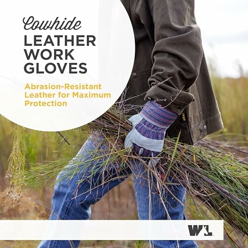 Person wearing cowhide leather work gloves handling grass.