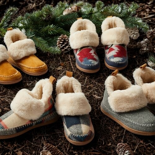 Assorted cozy slippers with fur lining on forest floor.