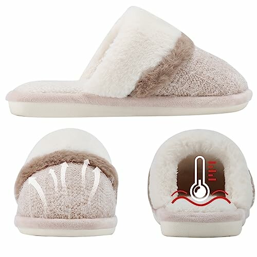 Warm, fluffy slippers with fur lining and temperature icon.
