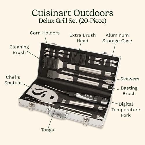 Cuisinart Outdoors Deluxe 20-piece grill set with utensils in an aluminum storage case