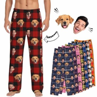 Custom pajama pants with faces and dog image.