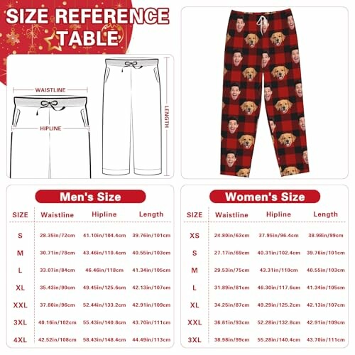 Size chart for custom pet photo pajama pants for men and women.