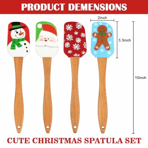 Set of four Christmas-themed spatulas with wooden handles, featuring snowman, Santa, snowflakes, and gingerbread man designs.