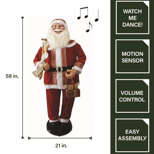 Tall dancing Santa figure with features listed.