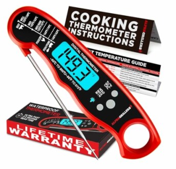 Digital cooking thermometer with packaging and instructions.